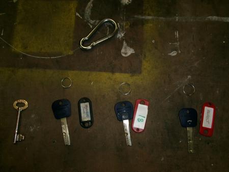 Keys that have been lent to me during the exhibition residency. From left, keys to: my apartment, the apartment building, the Leitrim Sculpture Centre, and the project space where my studio is in the LSC.